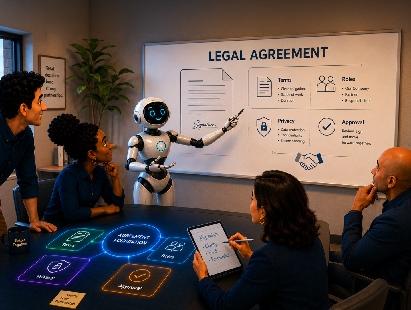 A professional team being briefed on Terms & Conditions.